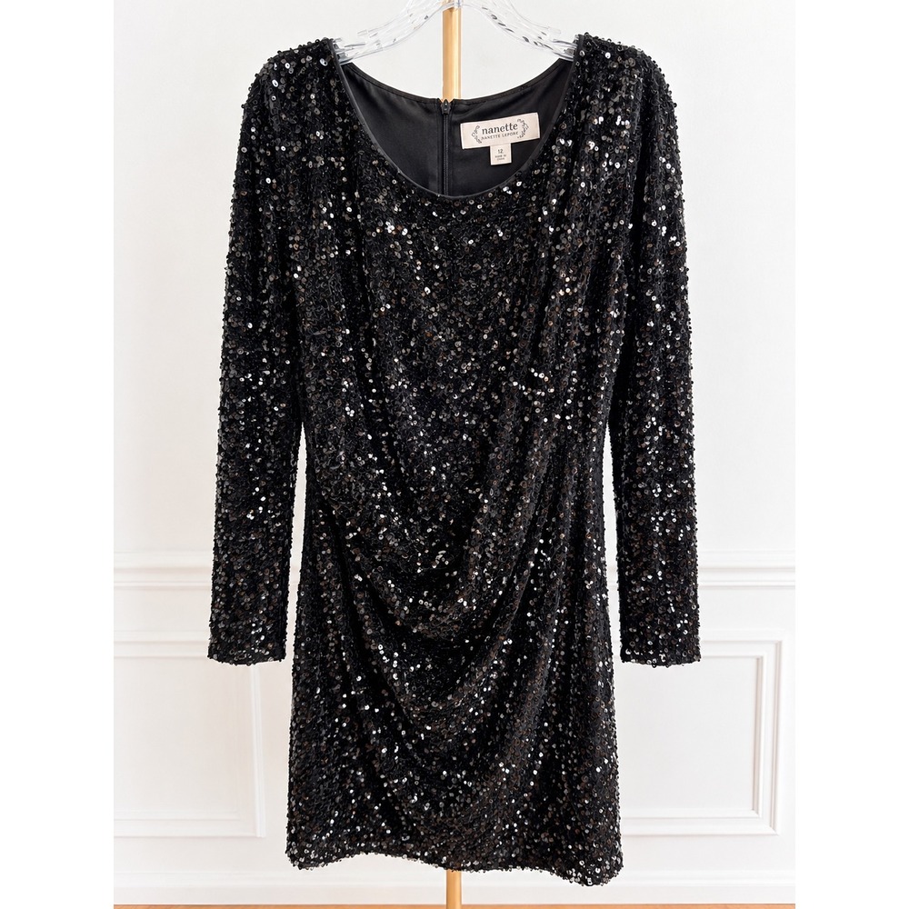 Nanette Lepore Black Sequin Cocktail Dress Size 12 Long Sleeve Ruched Party
